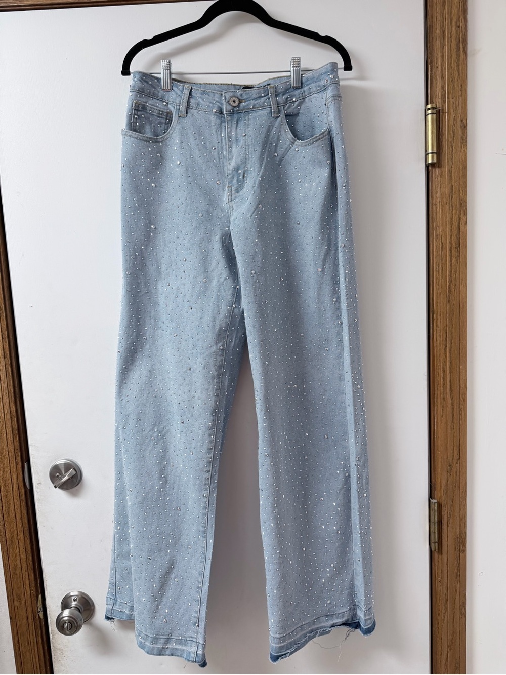 Light Wash Wide-Leg Jeans with Rhinestone Detail - Women NWOT